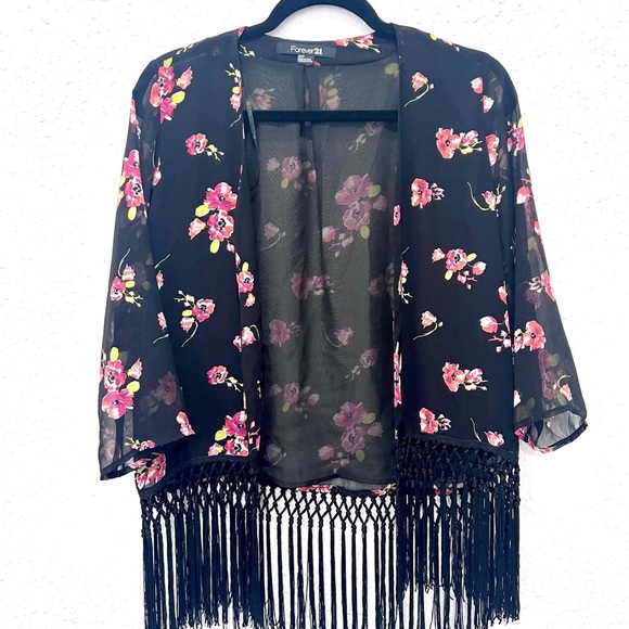 Forever 21 Black Floral Fringe Kimono S - Picture 3 of 5